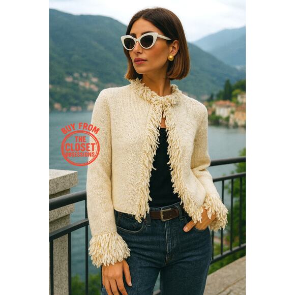 ZARA Wool-Blend Fringe Knit Cardigan NWT – Ecru Textured Jacket, Size XL - Picture 1 of 16